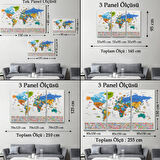 Detaylı Sembollü Bayraklı  İngilizce Dünya Haritası Dekoratif Kanvas Tablo, Duvar Dekoru 2885