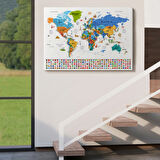 Detaylı Sembollü Bayraklı  İngilizce Dünya Haritası Dekoratif Kanvas Tablo, Duvar Dekoru 2885