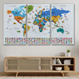 Detaylı Sembollü Bayraklı  Türkçe Dünya Haritası Dekoratif Kanvas Tablo, Duvar Dekoru 2886