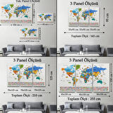 Detaylı Sembollü Bayraklı  Türkçe Dünya Haritası Dekoratif Kanvas Tablo, Duvar Dekoru 2886