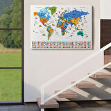Detaylı Sembollü Bayraklı  Türkçe Dünya Haritası Dekoratif Kanvas Tablo, Duvar Dekoru 2886
