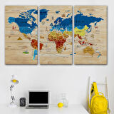 Ahşap Görünüm Sembollü  İngilizce Dünya Haritası Dekoratif Kanvas Tablo, Duvar Dekoru 2892