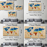 Ahşap Görünüm Sembollü  İngilizce Dünya Haritası Dekoratif Kanvas Tablo, Duvar Dekoru 2892