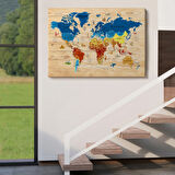 Ahşap Görünüm Sembollü  İngilizce Dünya Haritası Dekoratif Kanvas Tablo, Duvar Dekoru 2892