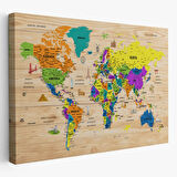 Ahşap Görünüm Sembollü  Türkçe Dünya Haritası Dekoratif Kanvas Tablo, Duvar Dekoru 2903