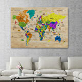 Ahşap Görünüm Sembollü  Türkçe Dünya Haritası Dekoratif Kanvas Tablo, Duvar Dekoru 2903