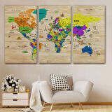 Ahşap Görünüm Sembollü  Türkçe Dünya Haritası Dekoratif Kanvas Tablo, Duvar Dekoru 2903