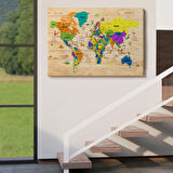 Ahşap Görünüm Sembollü  Türkçe Dünya Haritası Dekoratif Kanvas Tablo, Duvar Dekoru 2903