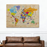 Ahşap Görünümlü ve Sembollü İngilizce Dünya Haritası Dekoratif Kanvas Tablo, Duvar Dekoru 2904
