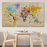 Ahşap Görünümlü ve Sembollü İngilizce Dünya Haritası Dekoratif Kanvas Tablo, Duvar Dekoru 2904