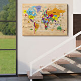 Ahşap Görünüm Sembollü  Türkçe Dünya Haritası Dekoratif Kanvas Tablo, Duvar Dekoru 2905