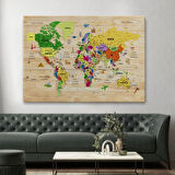Ahşap Görünüm Sembollü  Türkçe Dünya Haritası Dekoratif Kanvas Tablo, Duvar Dekoru 2911