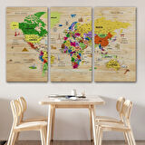 Ahşap Görünüm Sembollü  Türkçe Dünya Haritası Dekoratif Kanvas Tablo, Duvar Dekoru 2911