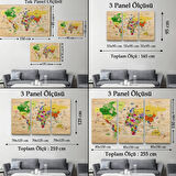 Ahşap Görünüm Sembollü  Türkçe Dünya Haritası Dekoratif Kanvas Tablo, Duvar Dekoru 2911