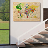 Ahşap Görünüm Sembollü  Türkçe Dünya Haritası Dekoratif Kanvas Tablo, Duvar Dekoru 2911