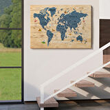 Ahşap Görünüm Sembollü  İngilizce Dünya Haritası Dekoratif Kanvas Tablo, Duvar Dekoru 2912