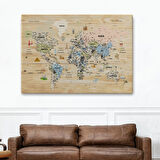 Ahşap Görünüm Sembollü  Türkçe Dünya Haritası Dekoratif Kanvas Tablo, Duvar Dekoru 2923