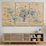 Ahşap Görünüm Sembollü  Türkçe Dünya Haritası Dekoratif Kanvas Tablo, Duvar Dekoru 2923