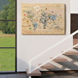 Ahşap Görünüm Sembollü  Türkçe Dünya Haritası Dekoratif Kanvas Tablo, Duvar Dekoru 2923