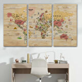 Ahşap Görünüm Sembollü  İngilizce Dünya Haritası Dekoratif Kanvas Tablo, Duvar Dekoru 2930