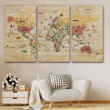 Ahşap Görünüm Sembollü  Türkçe Dünya Haritası Dekoratif Kanvas Tablo, Duvar Dekoru 2931