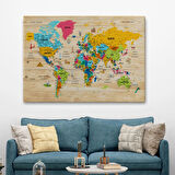 Ahşap Görünüm Sembollü  Türkçe Dünya Haritası Dekoratif Kanvas Tablo, Duvar Dekoru 2939