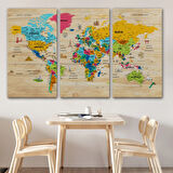 Ahşap Görünüm Sembollü  Türkçe Dünya Haritası Dekoratif Kanvas Tablo, Duvar Dekoru 2939