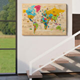 Ahşap Görünüm Sembollü  Türkçe Dünya Haritası Dekoratif Kanvas Tablo, Duvar Dekoru 2939