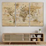 Ahşap Görünüm Sembollü  İngilizce Dünya Haritası Dekoratif Kanvas Tablo, Duvar Dekoru 2944