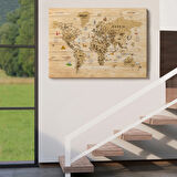 Ahşap Görünüm Sembollü  İngilizce Dünya Haritası Dekoratif Kanvas Tablo, Duvar Dekoru 2944