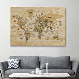 Ahşap Görünüm Sembollü  Türkçe Dünya Haritası Dekoratif Kanvas Tablo, Duvar Dekoru 2945