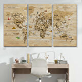 Ahşap Görünüm Sembollü  Türkçe Dünya Haritası Dekoratif Kanvas Tablo, Duvar Dekoru 2945