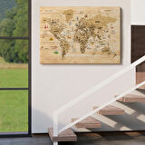 Ahşap Görünüm Sembollü  Türkçe Dünya Haritası Dekoratif Kanvas Tablo, Duvar Dekoru 2945