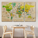 Ahşap Görünüm Sembollü  Türkçe Dünya Haritası Dekoratif Kanvas Tablo, Duvar Dekoru 2947