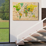 Ahşap Görünüm Sembollü  Türkçe Dünya Haritası Dekoratif Kanvas Tablo, Duvar Dekoru 2947