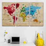 Ahşap Görünüm Sembollü  Türkçe Dünya Haritası Dekoratif Kanvas Tablo, Duvar Dekoru 2949