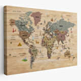 Ahşap Görünümlü ve Sembollü Türkçe Dünya Haritası Dekoratif Kanvas Tablo, Duvar Dekoru 2951