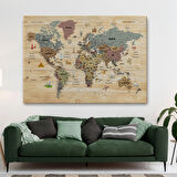 Ahşap Görünümlü ve Sembollü Türkçe Dünya Haritası Dekoratif Kanvas Tablo, Duvar Dekoru 2951