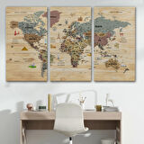 Ahşap Görünümlü ve Sembollü Türkçe Dünya Haritası Dekoratif Kanvas Tablo, Duvar Dekoru 2951