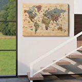 Ahşap Görünümlü ve Sembollü Türkçe Dünya Haritası Dekoratif Kanvas Tablo, Duvar Dekoru 2951