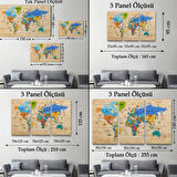 Ahşap Görünüm Sembollü  İngilizce Dünya Haritası Dekoratif Kanvas Tablo, Duvar Dekoru 2956