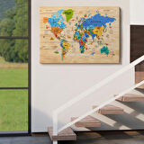 Ahşap Görünüm Sembollü  İngilizce Dünya Haritası Dekoratif Kanvas Tablo, Duvar Dekoru 2956