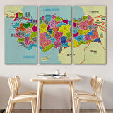 Komşulu İl ve İlçe Detaylı Türkiye Haritası, Harita Dekoratif Kanvas Tablo, Duvar Dekoru 2996
