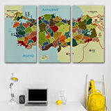 Komşulu İl ve İlçe Detaylı Türkiye Haritası, Harita Dekoratif Kanvas Tablo, Duvar Dekoru 3000