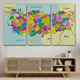 Komşulu İl ve İlçe Detaylı Türkiye Haritası, Harita Dekoratif Kanvas Tablo, Duvar Dekoru 3001