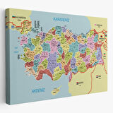 Komşulu İl ve İlçe Detaylı Türkiye Haritası, Harita Dekoratif Kanvas Tablo, Duvar Dekoru 3011