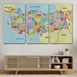 Komşulu İl ve İlçe Detaylı Türkiye Haritası, Harita Dekoratif Kanvas Tablo, Duvar Dekoru 3011