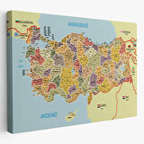Komşulu İl ve İlçe Detaylı Türkiye Haritası, Harita Dekoratif Kanvas Tablo, Duvar Dekoru 3014