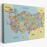 Komşulu İl ve İlçe Detaylı Türkiye Haritası, Harita Dekoratif Kanvas Tablo, Duvar Dekoru 3016