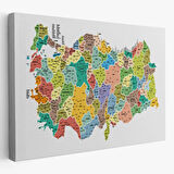 Eğitici İl ve İlçe Detaylı Türkiye Haritası, Harita Dekoratif Kanvas Tablo, Duvar Dekoru 3034